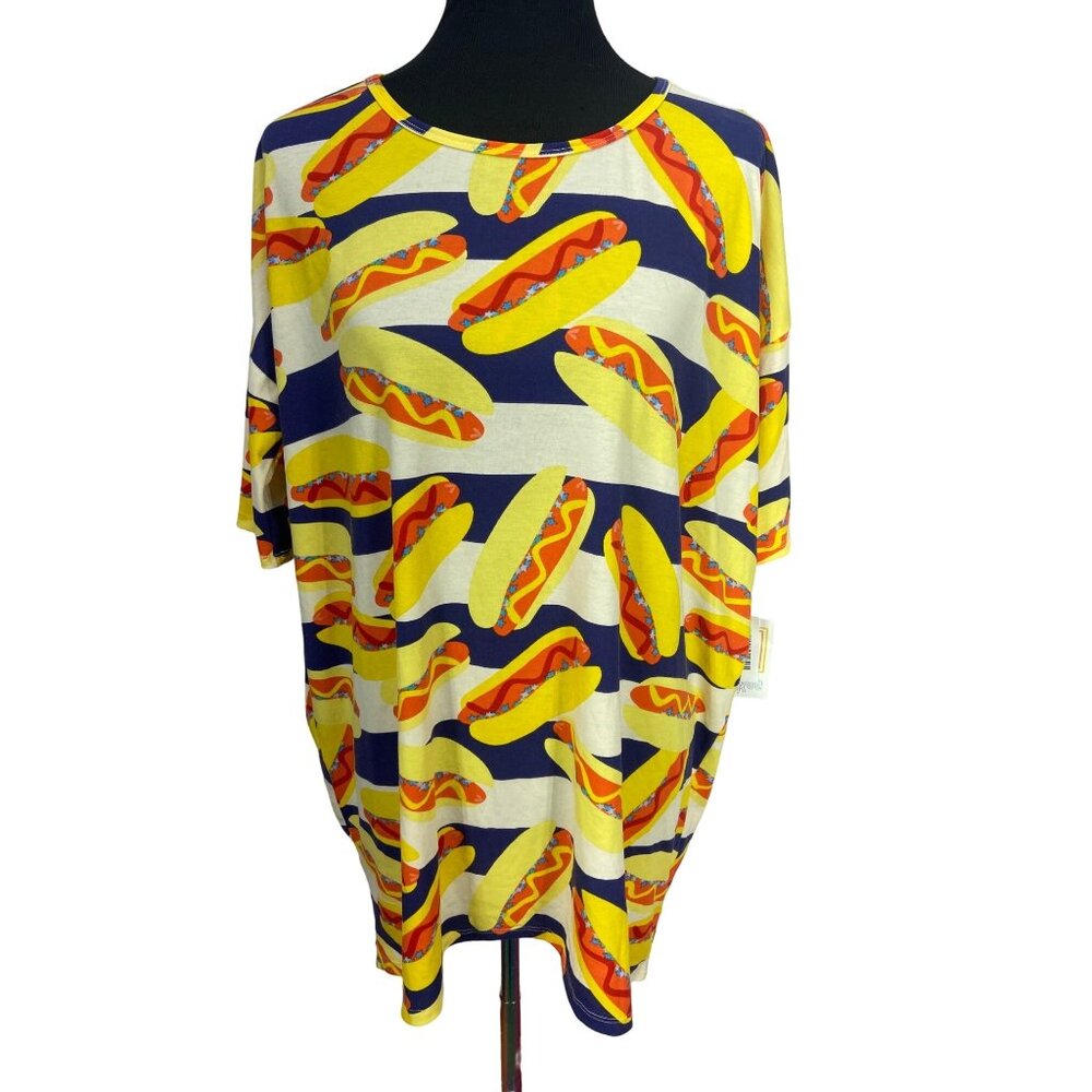 LulaRoe Hotdog‎ Irma Hi Low Tee Women Large Casual 4th July Summer Novelty Top